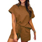 Women's Cotton Set Casual Loose Solid Color Two piece Set Round Neck Short sleeved Top and Shorts Two piece Set S-2XL