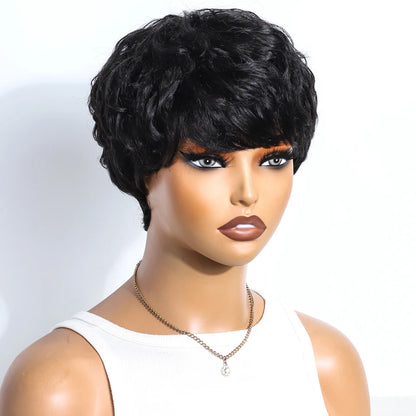 Natural Black Short Pixie Cut Curly 100% Human Hair Wig For Women Brazilian Remy Hair Colored Side Part Full Machine Wigs