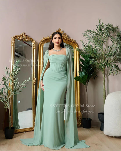 SSYTENS Green Chiffon Evening Dresses Mermaid Formal Occasion Dresses Cape Sleeves Off Shoulder Women Prom Party Gown Customized