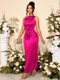 SOLERSUN Women's Elegant Solid Color Drape Neck Ruched Sleeveless Party Dress,Perfect For Banquets