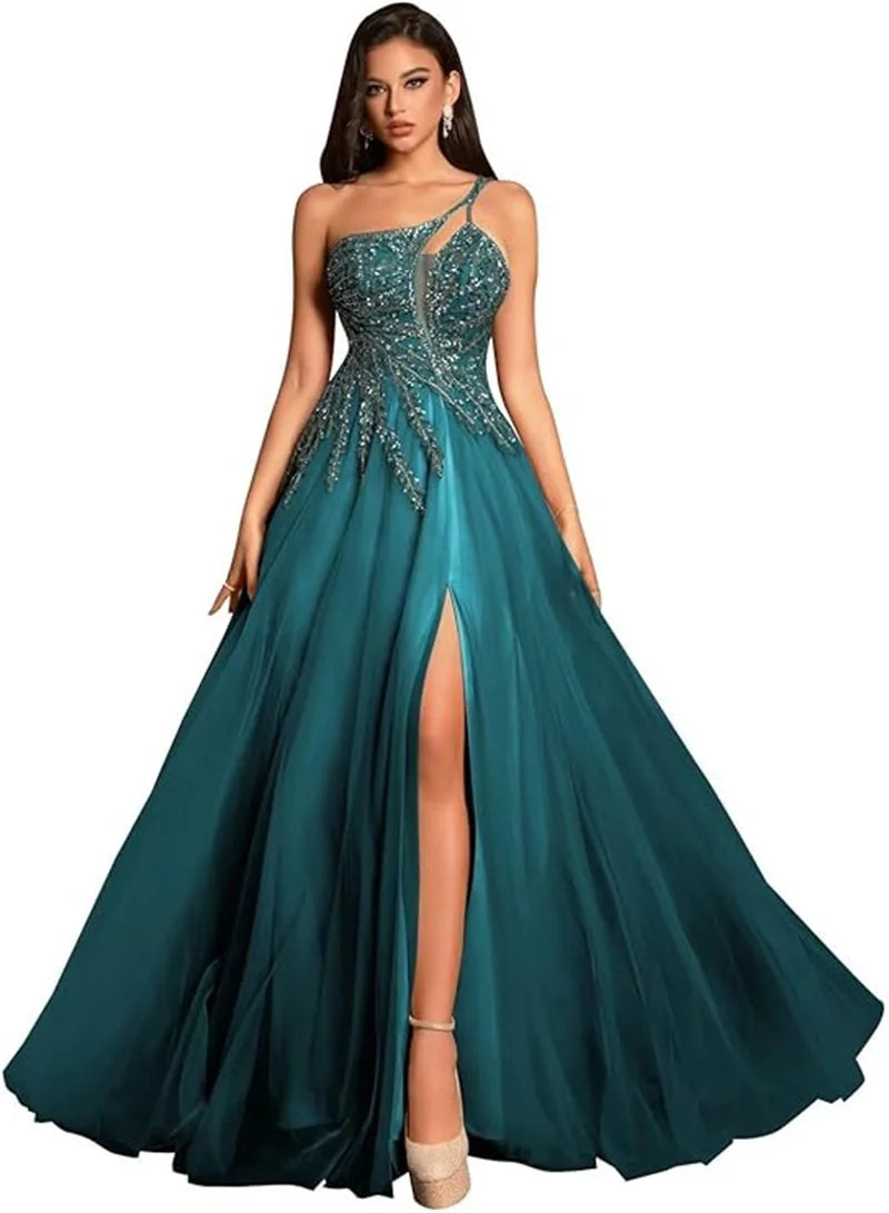 Customized Beaded Tulle Prom Dresses 2025 with Pockets Spaghetti Strap Formal Evening Dresses with Slit