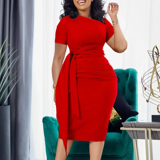 Women Dress Bodycon Dresses Round Neck Sleeveless Slim Sheath Pleated High Waist