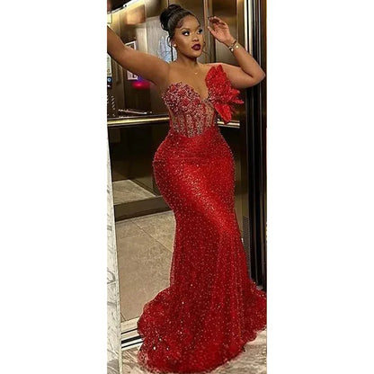 Aso Ebi Sequined Mermaid Evening Dress Sheer O-Neck Sleeveless Corset Red Glitter Prom Gown Formal Reception Dress Customized