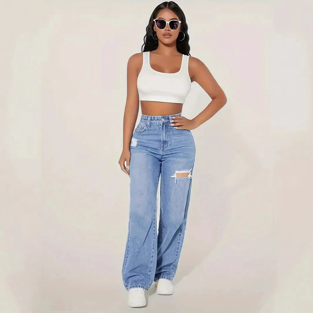 Ripped High-waisted Wide-leg Jeans. Fashionable and Versatile Casual Floor-length Jeans for Women