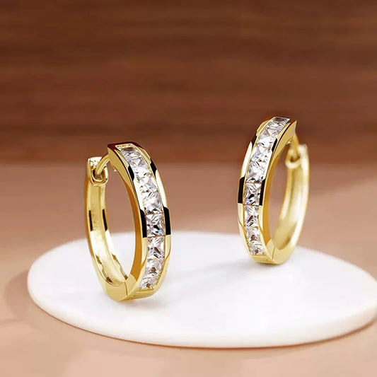 Gold Color Plated Stainless Steel Round Circle Earrings for Women Fashion Cubic Zirconia Hoop Earrings Jewelry Pendientes Mujer