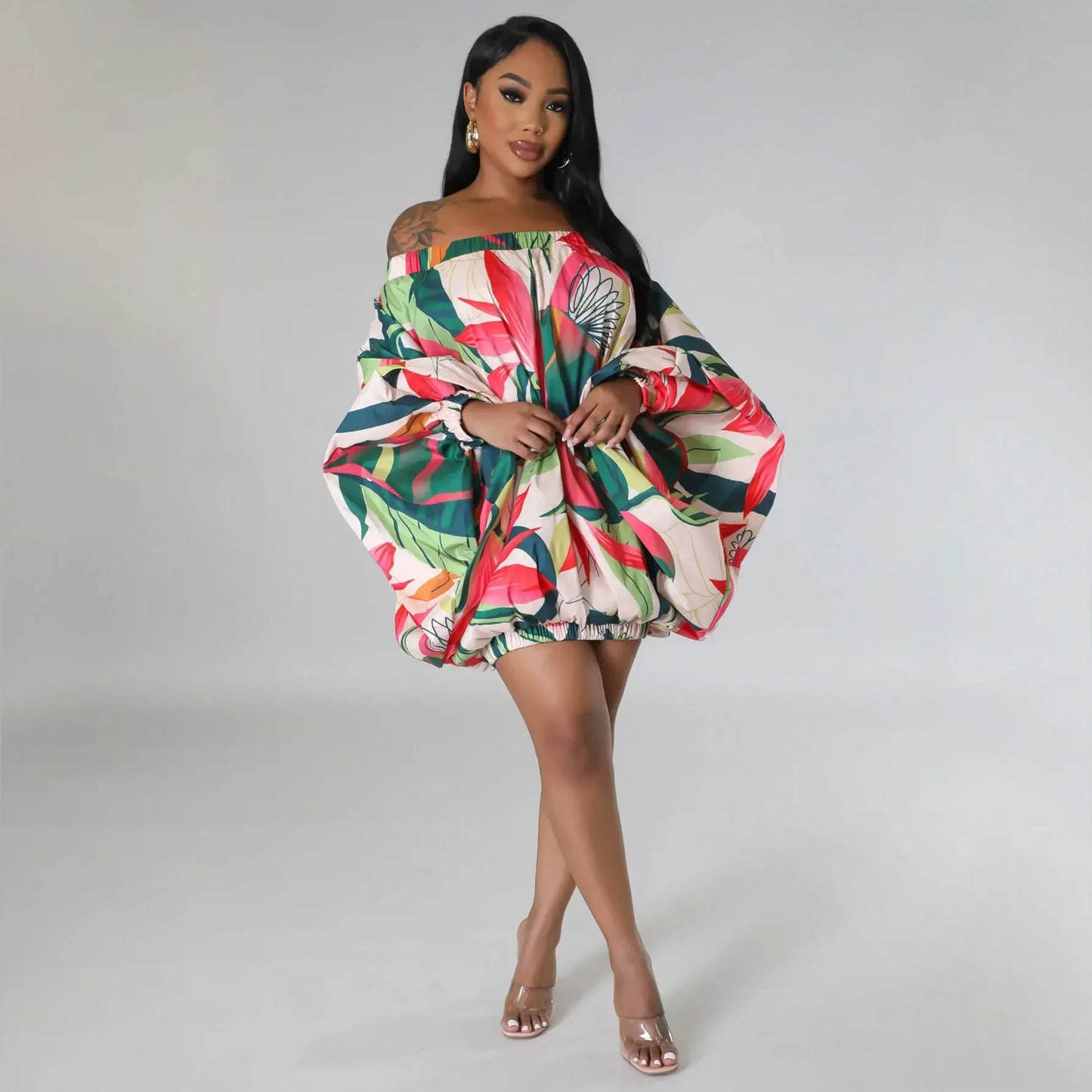 CM.YAYA Vintage Women Fashion Stretch Hem Off Shoulder Slash Neck Lantern Long Sleeve Printed Ball Gown Smock Dress Vestidos