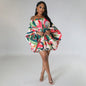 CM.YAYA Vintage Women Fashion Stretch Hem Off Shoulder Slash Neck Lantern Long Sleeve Printed Ball Gown Smock Dress Vestidos