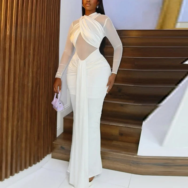 Sexy See Through Mesh Sheer Full Sleeve Long Dresses For Club Party Ruched Backless Dress for Women