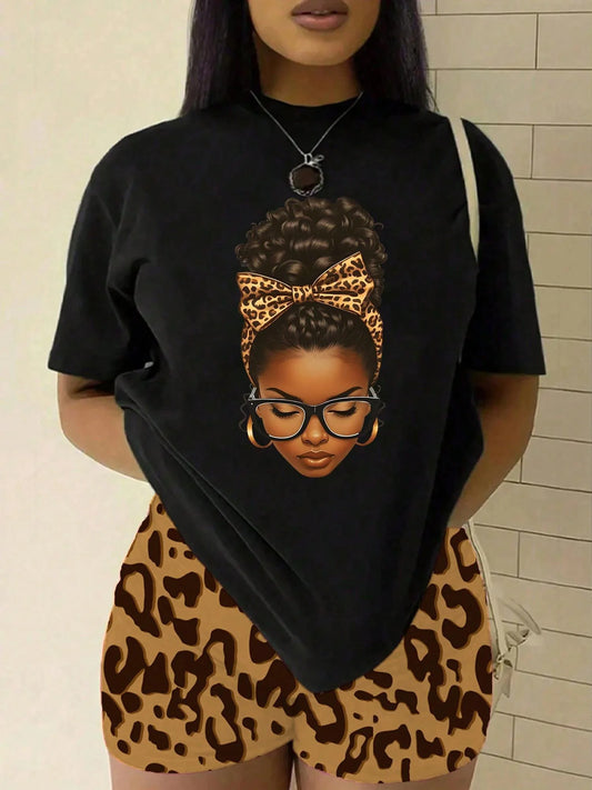 Women's Leopard Butterfly Print Casual Round Neck Short Sleeves T-Shirt Suit Fashion Street Style Comfortableo