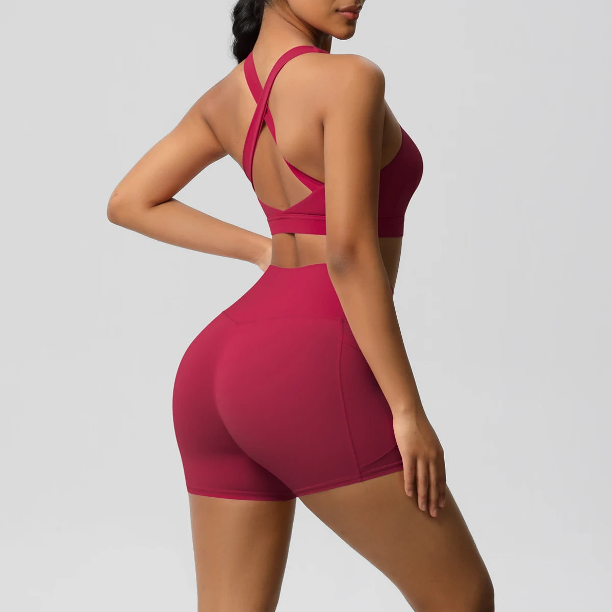 2PCS Sets Sportswear With Pocketed Yoga Suits For Women  Sports Shorts Crossover Bra Gym Leggings