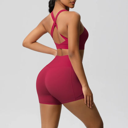 2PCS Sets Sportswear With Pocketed Yoga Suits For Women  Sports Shorts Crossover Bra Gym Leggings