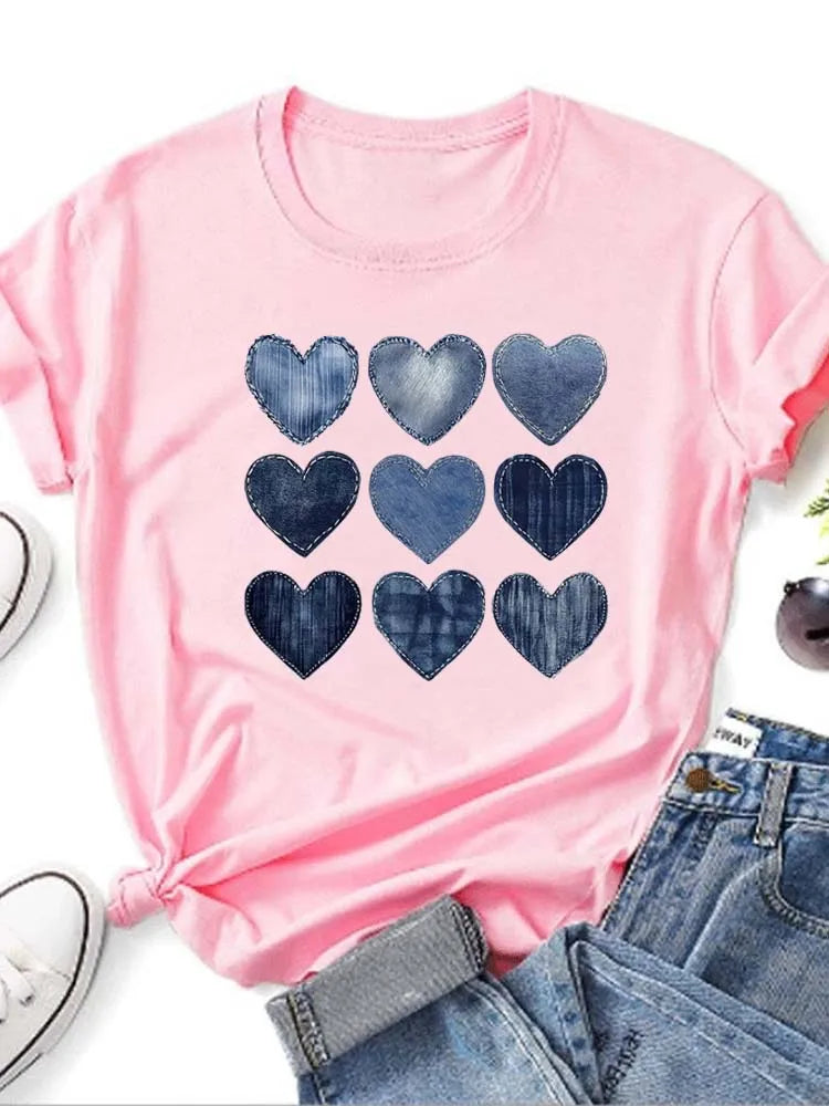 Women Cowboy Heart Print T-Shirt for Valentine's Day Gifts Fashion Crew Neck Short Sleeve T-Shirt Casual Women's Clothing