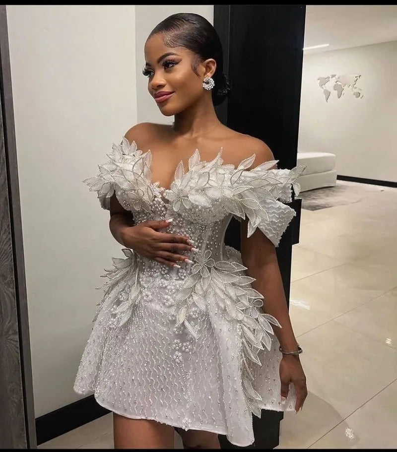 Romantic Prom Dresses 2025 Lace Pearl Mini Wedding Party Dress Handmade Flower Birthday Ball Gown African Girls Customized
