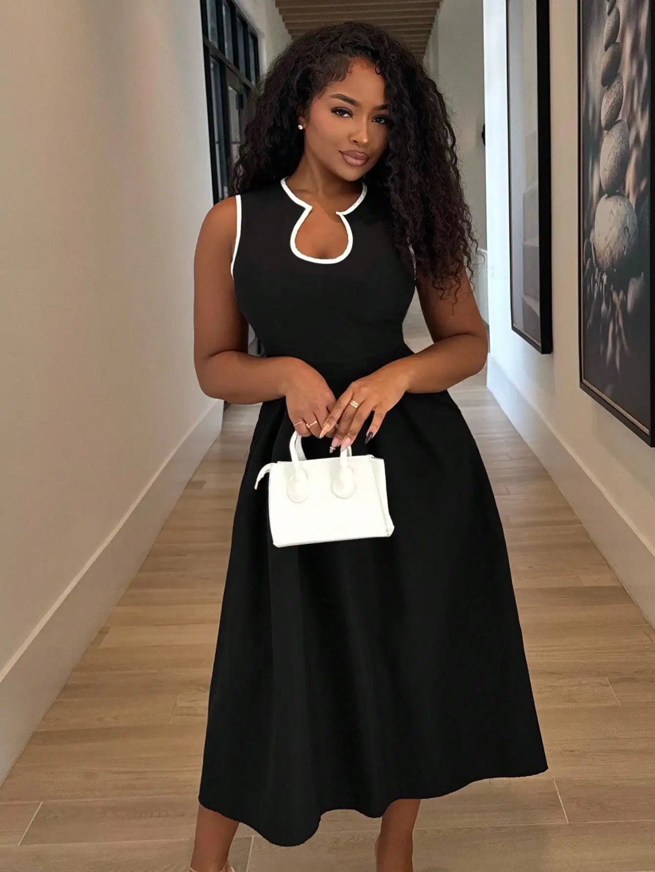 Black Solid A-Line Dress with White Trim U-Neck, Sleeveless Midi for Office or Casual