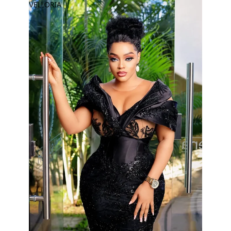 Black Sequin Aso Ebi Evening Gown Off Shoulder Beaded Mermaid Long Dress Formal Party Wear for Curvy Women Plus Size Customized