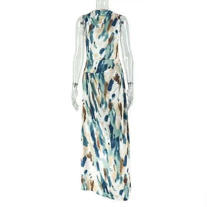 Women Sexy O-neck Sleeveless Dress Fashion Sundress Print Long Dresses Casual Street Party Maxi Dress Femme Vestidos