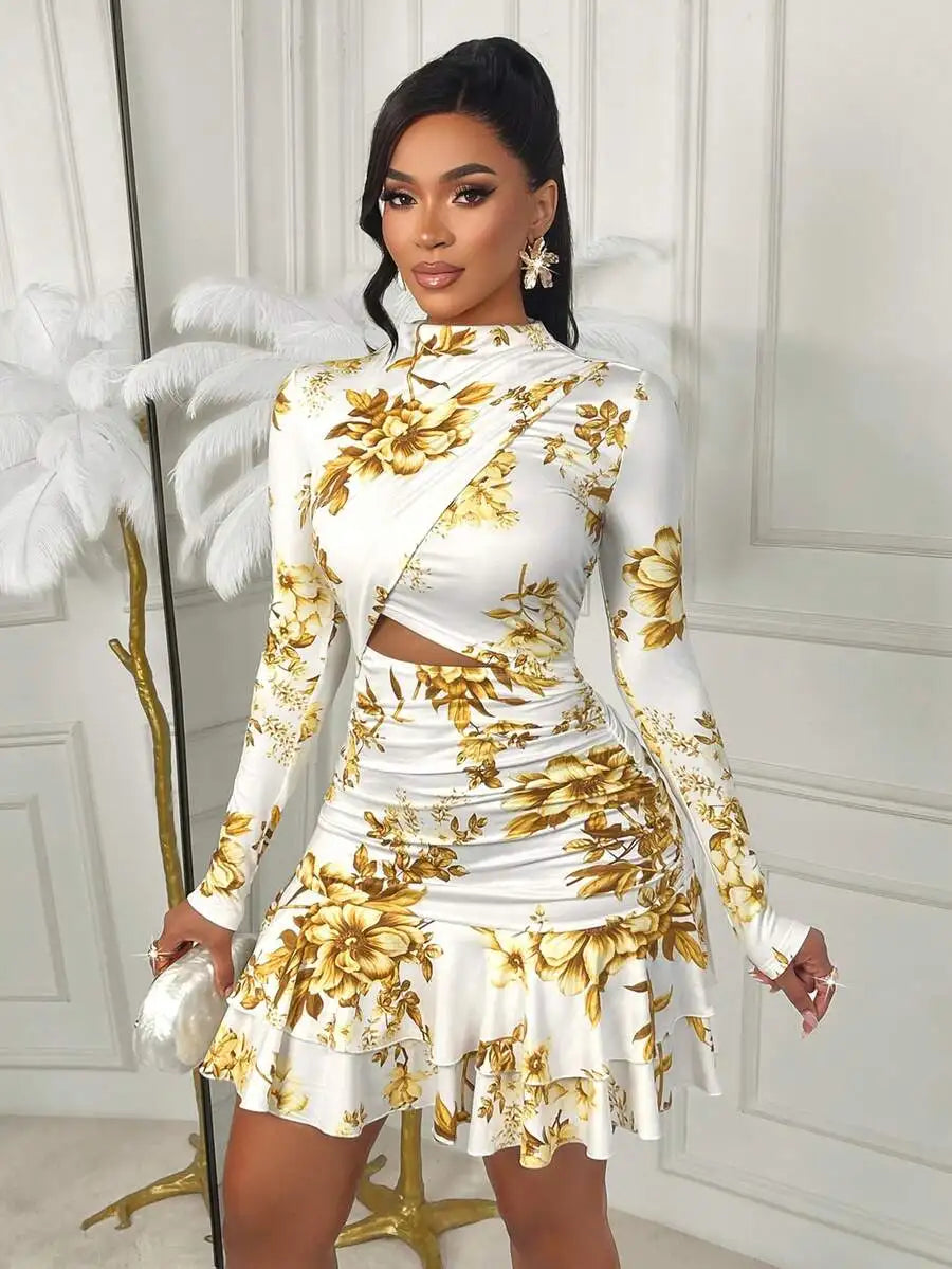 White Gold Floral Print Long Sleeve Cut-Out Mini Dress with Ruched Waist