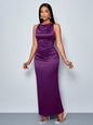 SOLERSUN Women's Elegant Solid Color Drape Neck Ruched Sleeveless Party Dress,Perfect For Banquets
