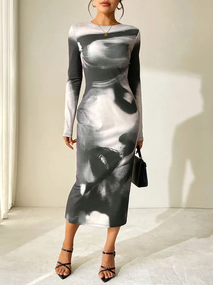 Spring Summer Women Dresses New Black Print Casual Slim O-Neck Simple Long Sleeves Dress Fashion Elegant Party Sexy Maxi Dress