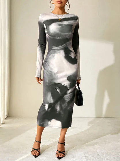 Spring Summer Women Dresses New Black Print Casual Slim O-Neck Simple Long Sleeves Dress Fashion Elegant Party Sexy Maxi Dress