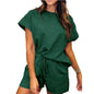 Women's Cotton Set Casual Loose Solid Color Two piece Set Round Neck Short sleeved Top and Shorts Two piece Set S-2XL