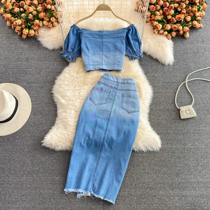 Women Denim 2 Piece Sets Long Skirt Top Suit Skirts Tops Single Breasted Outfits Washed Distressed Summer Casual Ensemble