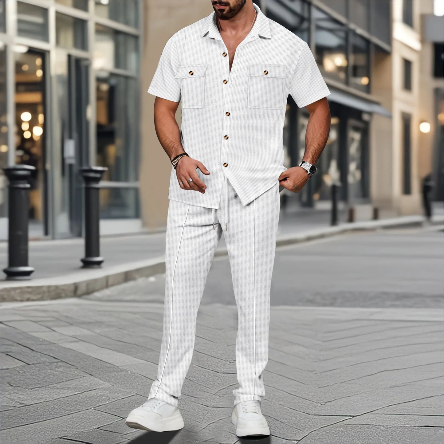 men light ripe casual solid color button pocket fashion Waffle trend shirt short-sleeved trousers two-piece set
