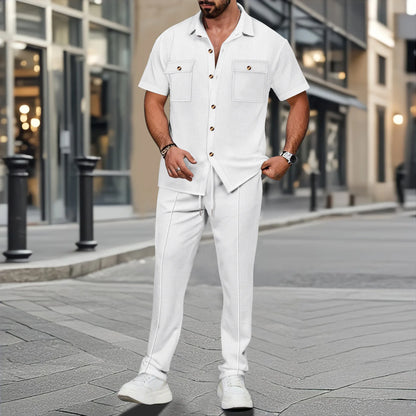 men light ripe casual solid color button pocket fashion Waffle trend shirt short-sleeved trousers two-piece set