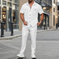 men light ripe casual solid color button pocket fashion Waffle trend shirt short-sleeved trousers two-piece set