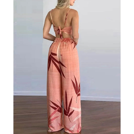 Women Tropical Print Spaghetti Strap Casual Lace up Back Top &High Waist Pants Set 2 Pieces Sets