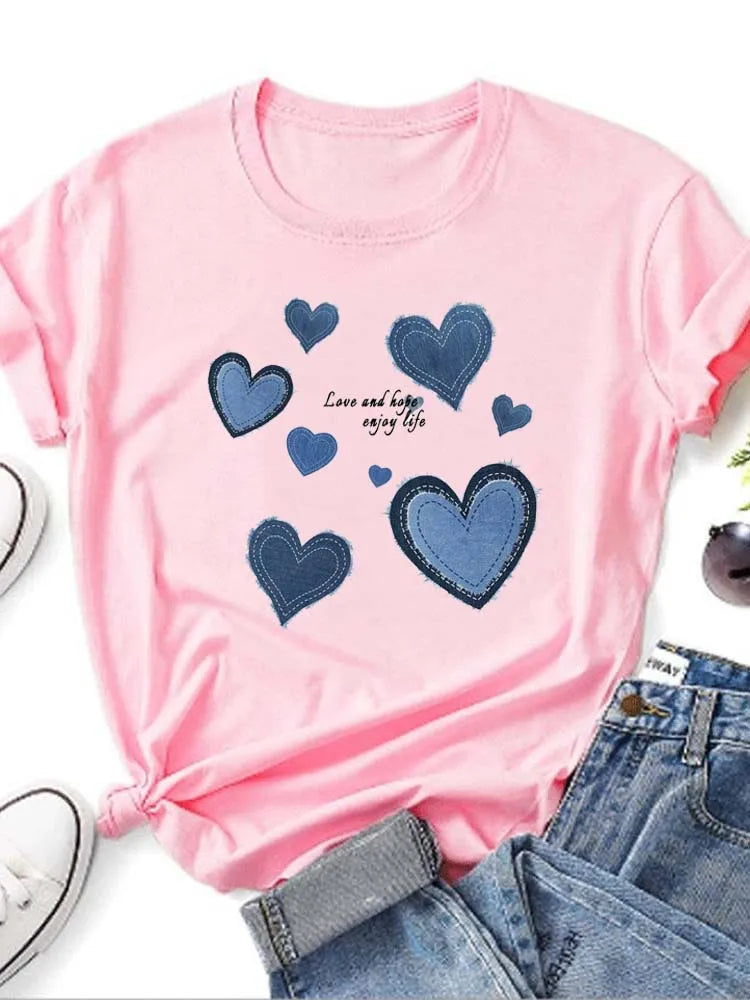 Women Cowboy Heart Print T-Shirt for Valentine's Day Gifts Fashion Crew Neck Short Sleeve T-Shirt Casual Women's Clothing