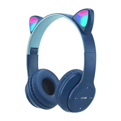 Kids Headphones,Cute Cat Ear LED Light up Bluetooth 5.0 Compatible Headset with Led Wireless Headset Stereo Folding Sports Headset with Microphone