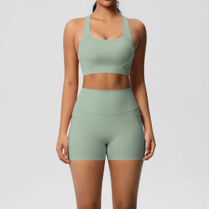 2PCS Sets Sportswear With Pocketed Yoga Suits For Women  Sports Shorts Crossover Bra Gym Leggings