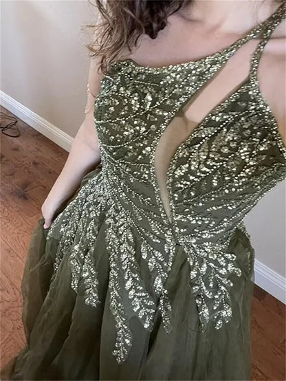 Customized Beaded Tulle Prom Dresses 2025 with Pockets Spaghetti Strap Formal Evening Dresses with Slit