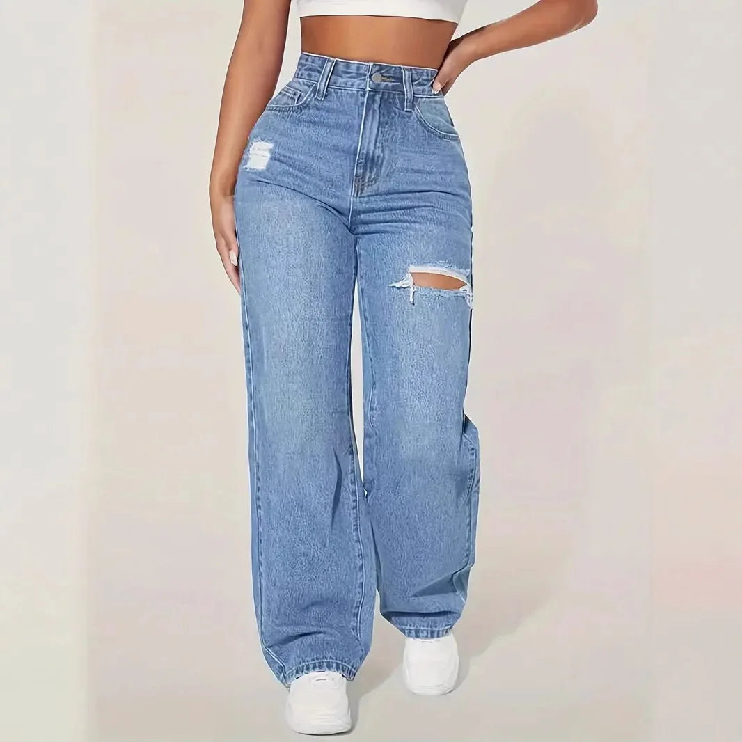 Ripped High-waisted Wide-leg Jeans. Fashionable and Versatile Casual Floor-length Jeans for Women