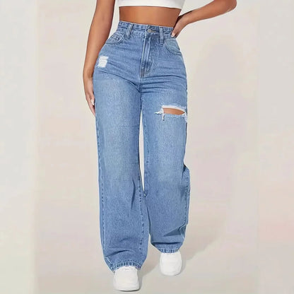 Ripped High-waisted Wide-leg Jeans. Fashionable and Versatile Casual Floor-length Jeans for Women