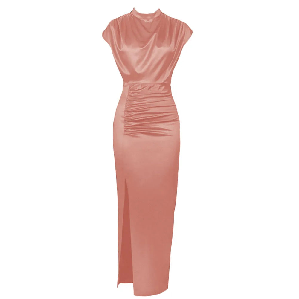 Women Colored Satin Zipper Split High Grade Dress Long Floor Length Dress