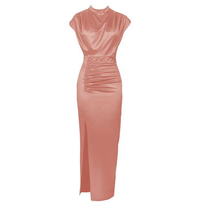 Women Colored Satin Zipper Split High Grade Dress Long Floor Length Dress