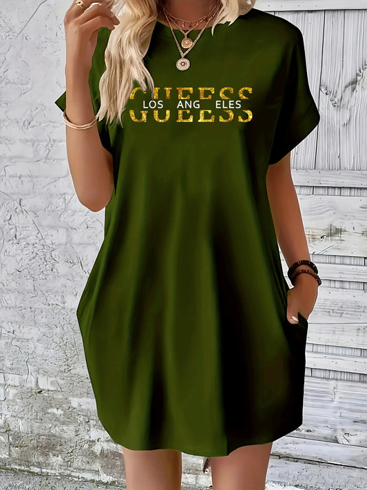 Women summer letter pattern print round neck short sleeved With pocket comfortable casual dress