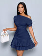 Off-Shoulder Ruched Mini Dress with Tiered Ruffle Hem in Apricot