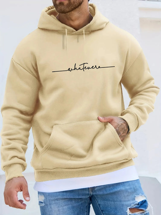 Men's winter casual fashion loose plus size simple letter printed fleece pullover long sleeved hooded sweatshirt