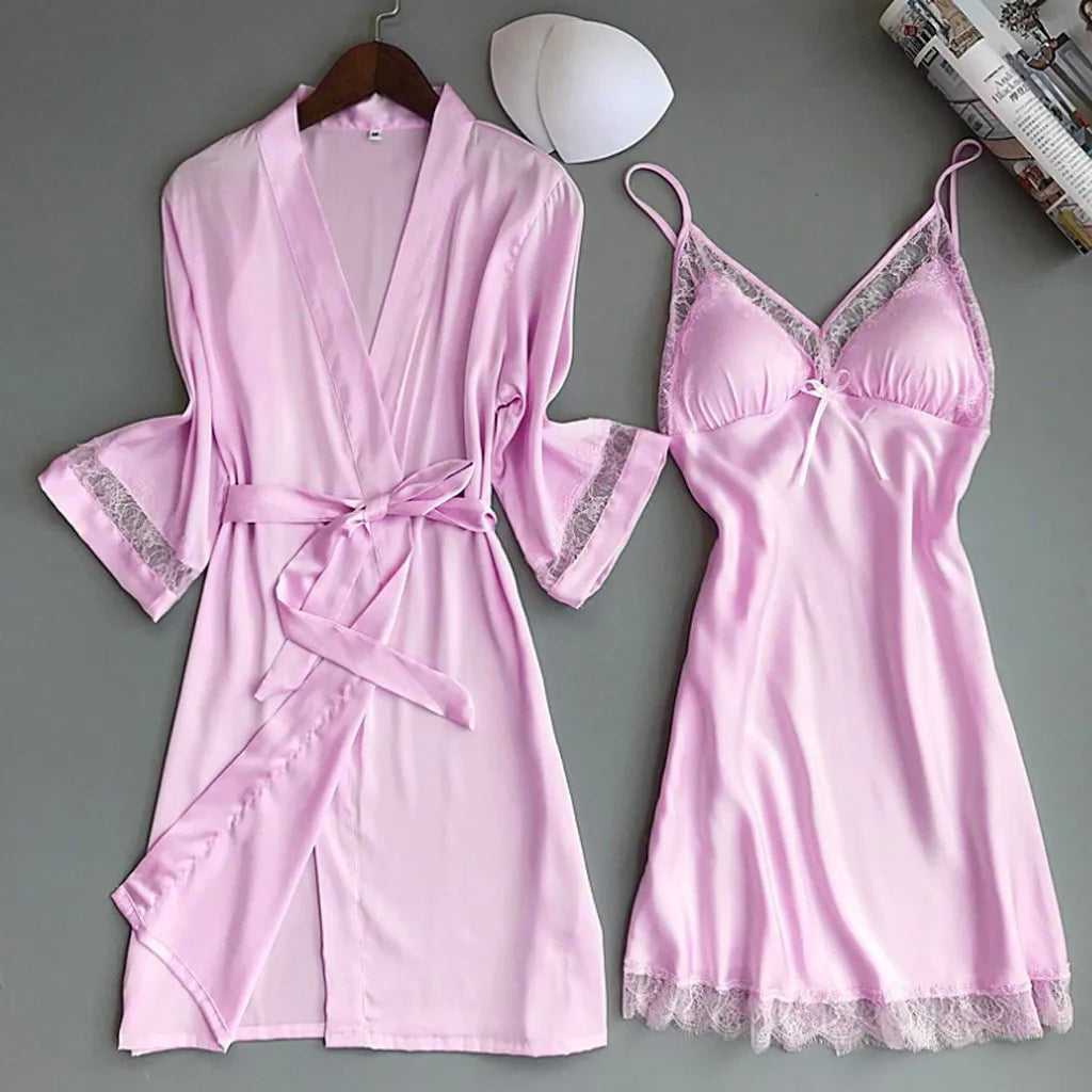Women'S Sexy Lace Nightgown Nightdress Two-Piece Set Satin Material Soft And Silky Women'S Home Pajamas Valentine'S Day Gift