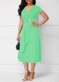 Women Elegant Dress Solid Color Short Sleeve V Neck Midi Dresses