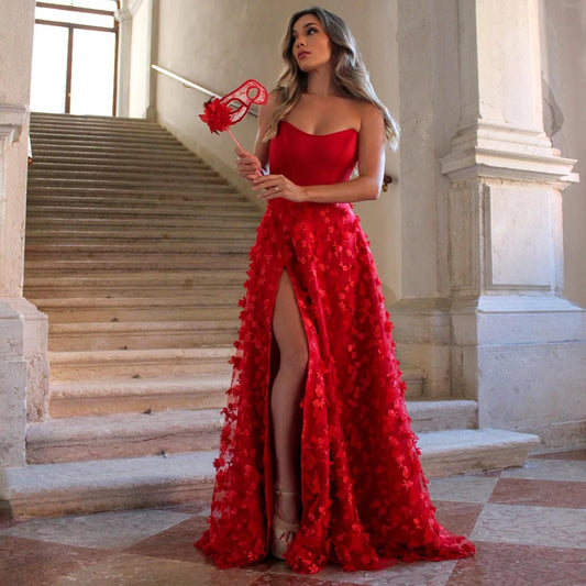 Women's Prom Dresses Red Lace Flowers V Neck Backless Sexy Prom Gowns Long Side Slit A Line Sleeveless Luxury Formal Party Dress