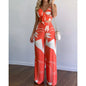 Women Tropical Print Spaghetti Strap Casual Lace up Back Top &High Waist Pants Set 2 Pieces Sets