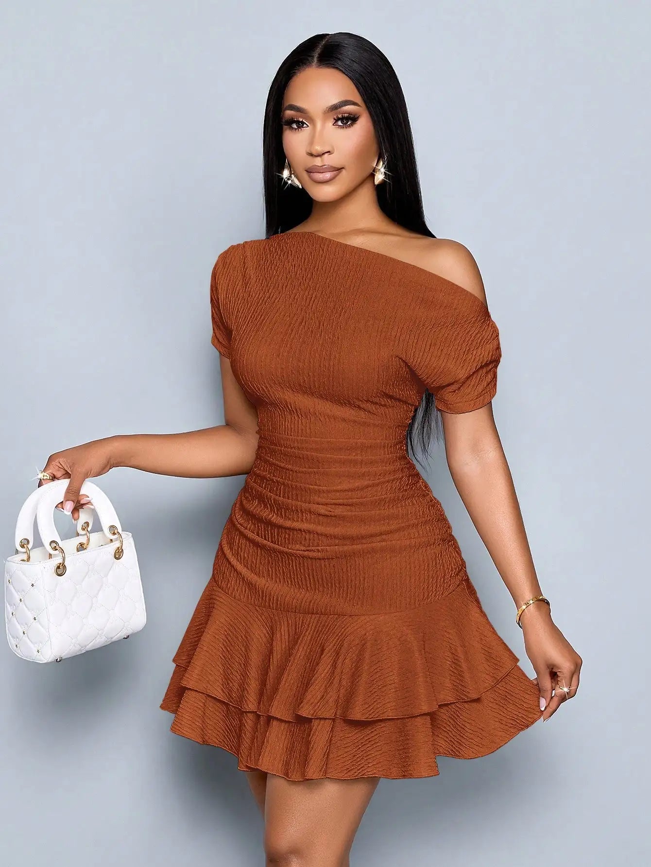 Off-Shoulder Ruched Mini Dress with Tiered Ruffle Hem in Apricot