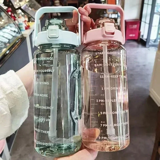 64oz Large Motivational  Water Bottle With Time Marker ,plastic cup portable Bottle With Straw Handle Tritan Frosted Water Jug for Gym, Bottle Sports Fitness