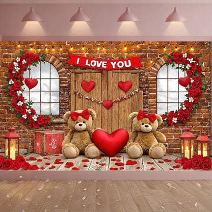 Valentines Day Banner Bear Rose Flower Love Heart Backdrop Party Decoration Valentine's Day Indoor Outdoor Photo Prop Supply