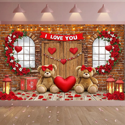 Valentines Day Banner Bear Rose Flower Love Heart Backdrop Party Decoration Valentine's Day Indoor Outdoor Photo Prop Supply