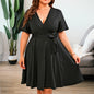 Women's Plus Size Dresses Loose Solid Short Sleeved V-neck Belt Casual Dress Ladies Elegant Dress
